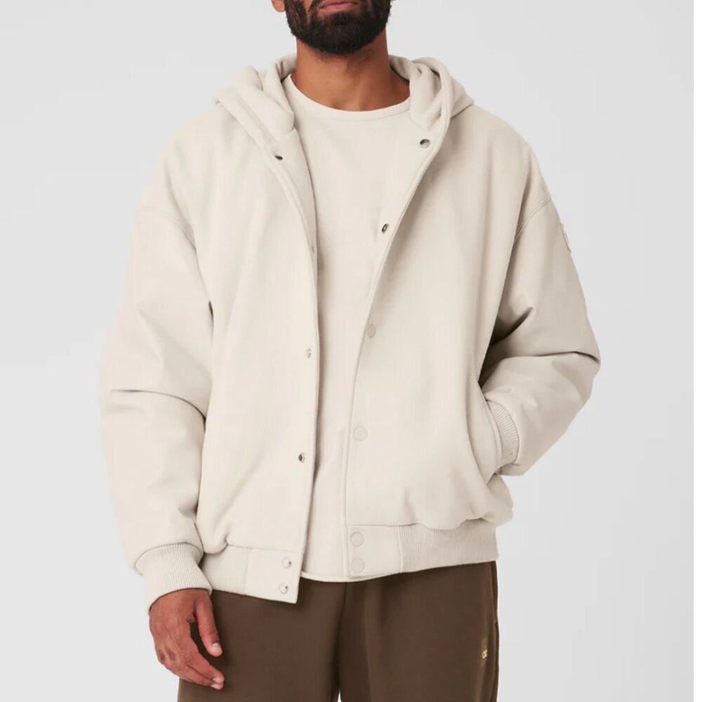 NEW ALO Yoga Men Select Hooded Bomber Jacket in Bone size M Medium